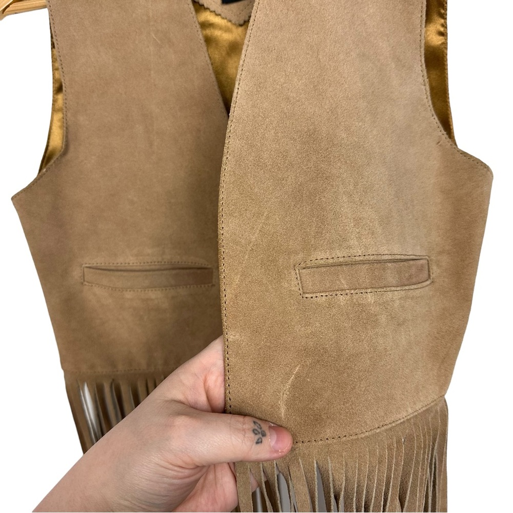 Genuine Leather Suede Boho Western Fringe Open Cropped Vest Tan Festival Rodeo - Picture 7 of 9